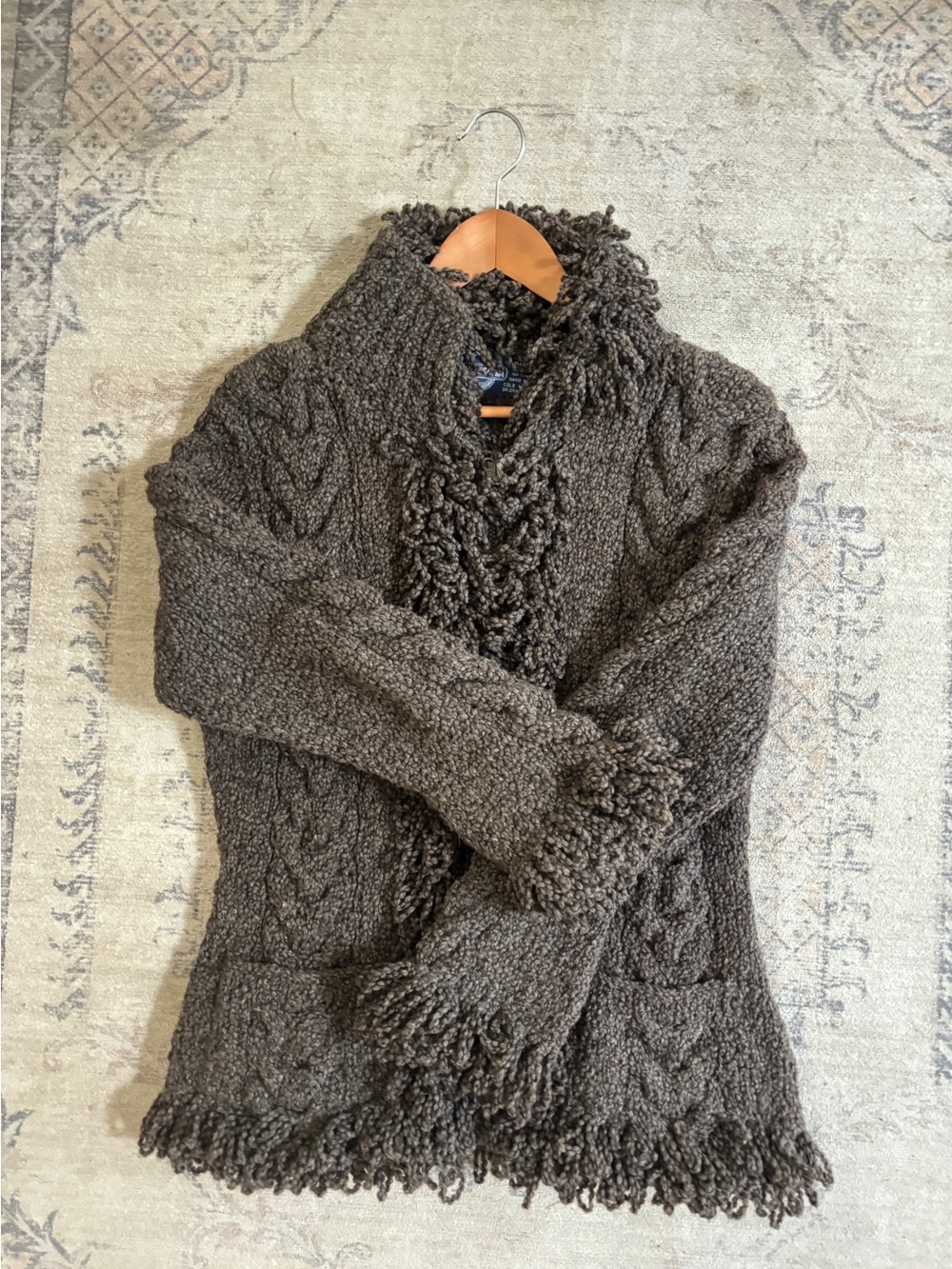 Textured Cable Knit Cardigan with Fringe Trim - Brown